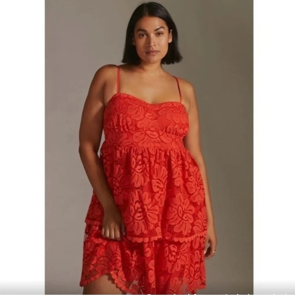 Anthropologie Dresses & Skirts - Maeve Red Lace Tiered  Mini Dress with Convertible Straps Size X-Large